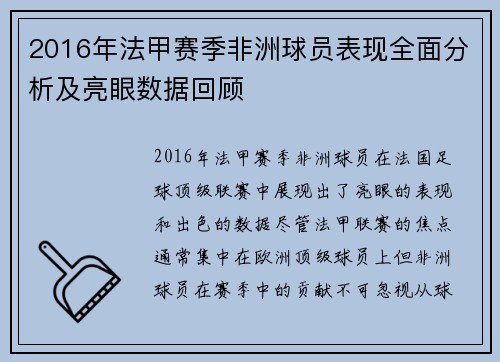 2016年法甲赛季非洲球员表现全面分析及亮眼数据回顾
