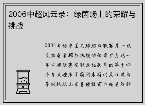 2006中超风云录：绿茵场上的荣耀与挑战