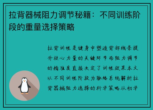 拉背器械阻力调节秘籍：不同训练阶段的重量选择策略