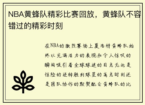 NBA黄蜂队精彩比赛回放，黄蜂队不容错过的精彩时刻